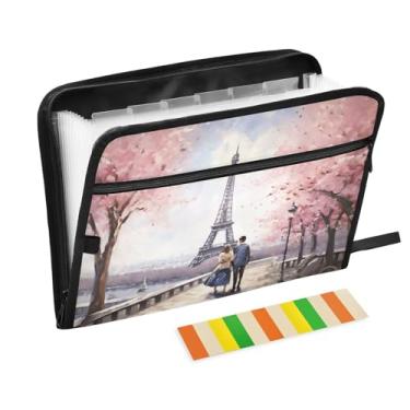 Imagem de Wassud Torre Eiffel Romatic Organizador de arquivos sanfonado com 13 bolsos, pastas expansíveis com abas e adesivos, organizador de pastas de documentos de recibo de papel tamanho carta A4 para