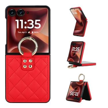 Imagem de Capa para Motorola Razr 50 Ultra, capa traseira ultrafina e leve com anel de metal, capa de couro fina à prova de choque, design elegante de ponto de diamante (vermelho)