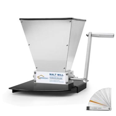 Imagem de FERRODAY Moinho de malte Moinho de grãos maltados, 2 rolos, triturador de malte de aço inoxidável, moedor de malte resistente, triturador de grãos caseiro, moedor de cevada ajustável, broca de baixa velocidade disponível moinho de malte manual