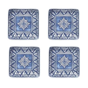 Imagem de Sungmor Louça de jantar fina de grés em relevo, porcelana estilo barroco antigo, pratos de aperitivos quadrados de 15 cm, conjunto com 4, pratos de jantar pequenos de cerâmica sofisticados, prato de