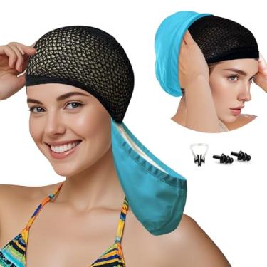 Imagem de Lynllsh Touca de natação de tecido de poliuretano, touca de natação com rede de cabelo, touca de natação longa, touca de proteção de cabelo para mulheres, meninas, homens