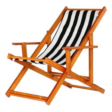 Imagem de Espreguiçadeira em Madeira Maciça para Piscina, Praia – Com Braço, Dobrável, Acabamento Envernizado (Listrado Preto e Branco)