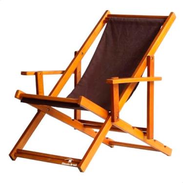 Imagem de Espreguiçadeira em Madeira Maciça para Piscina, Praia – Com Braço, Dobrável, Acabamento Envernizado (Marrom)
