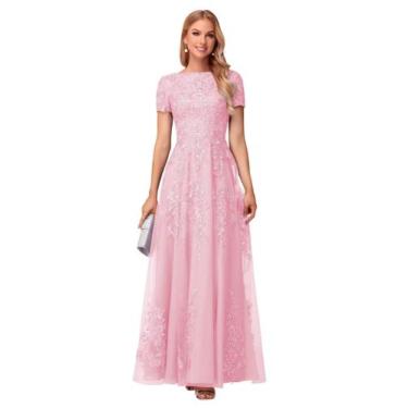Imagem de Vestido YOFF, rosa, lantejoulas, mãe da noiva, tule, renda, piso
