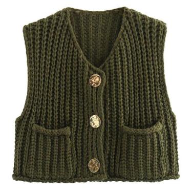 Imagem de Colete feminino Flygo Chunky Crochet Button Cardigan Army