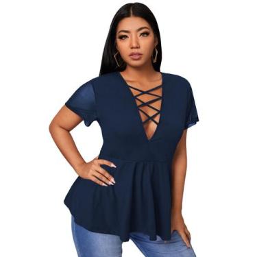 Imagem de Blusa feminina SOLY HUX plus size cruzada com decote em V azul