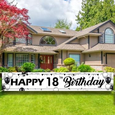 Imagem de Placa de banner de feliz aniversário de 18 anos branca e preta - decoração grande de festa de jardim ao ar livre, pano de fundo branco e preto para homens e mulheres.