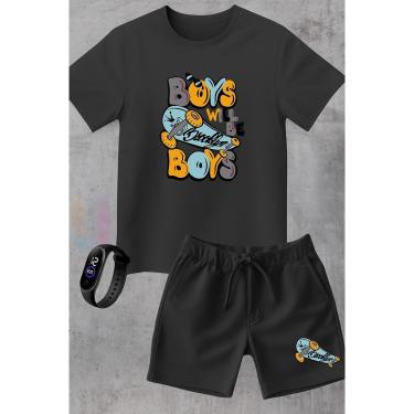 Imagem de Conjunto Infantil Camiseta e Short Moletinho Moda Verão Skate Street Brooklyn com Relógio Digital-Unissex