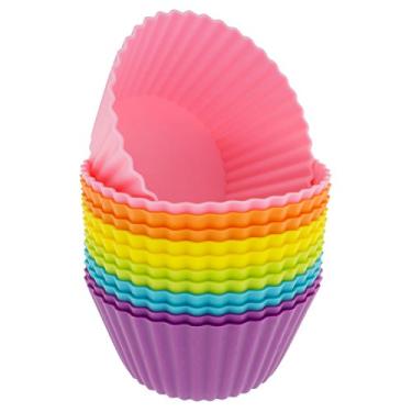Imagem de Freshware Pacote com 12 copos de silicone jumbo redondos reutilizáveis para cupcake e muffin, seis cores vibrantes