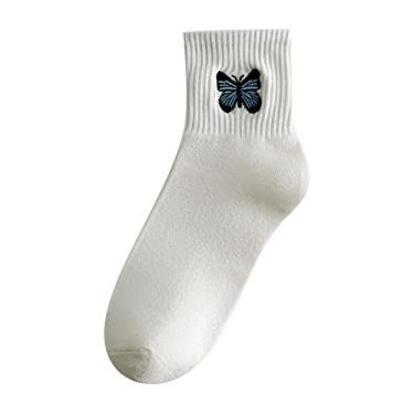 Imagem de UIFLQXX Meias invisíveis meias femininas de algodão puro meias modernas bordadas com borboletas meias esportivas femininas de algodão, Branco, One Size