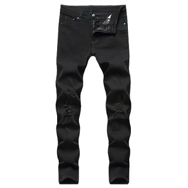 Imagem de Calça jeans masculina clássica skinny elástica rasgada e rasgada calça skinny moderna, Preto, GG