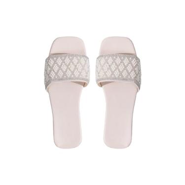 Imagem de Verdusa Sandálias rasas femininas de bico quadrado pérola Rhonestone slip on chinelos sapatos de verão, Bege, 6.5