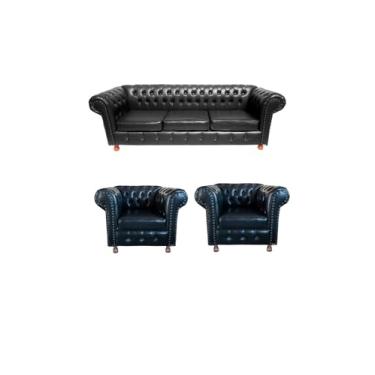 Imagem de NOVO ENCANTO, 1 Sofá 1.80 + 2 Poltronas Chesterfield Luiz XV Corano Preto/barbearia, sala, salão de beleza, escritório, recepção