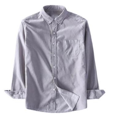 Imagem de WOLONG Camisa masculina de veludo cotelê de manga comprida, ajuste regular, gola abotoada, com bolso no peito, camisas masculinas casuais, Cinza 9, G