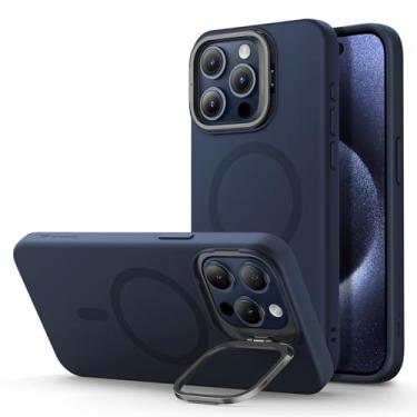 Imagem de ESR MagSafe Capa de silicone com suporte integrado para iPhone 15 Pro Max - proteção de nível militar, armazenamento de câmera, capa magnética para celular, série nuvem, azul escuro
