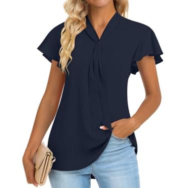 Imagem de Anymiss Blusas femininas de verão elegantes casuais de chiffon para trabalho, túnica de manga curta, camisas de primavera, Ld-azul-marinho, XXG