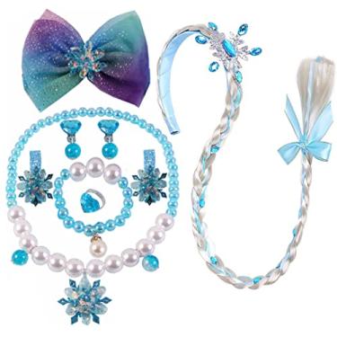 Imagem de Acessórios de fantasia para meninas princesa Elsa peruca trança cosplay peruca de cabelo longo para meninas Elsa colar pulseira brincos anel laço de cabelo clipes de cabelo acessórios de vestir para lembrancinhas de festa de Natal de Halloween
