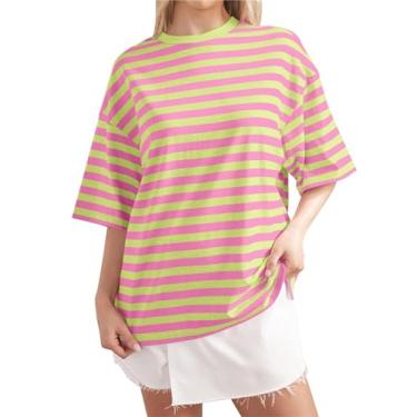 Imagem de Camisetas femininas grandes listradas de manga curta Color Block gola redonda básica casual verão, Rosa, verde, P