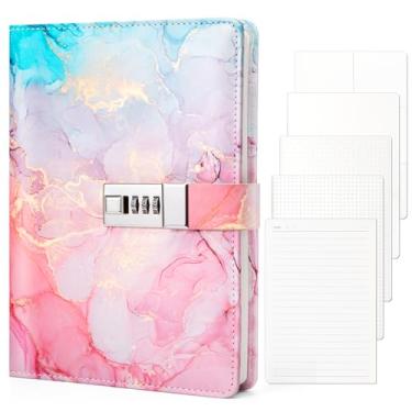 Imagem de Toplive Diário de mármore com cadeado para meninas e mulheres, diário secreto A5 com cadeado, caderno de senha A5 de couro PU, agenda de diário bloqueável, presente para meninas e mulheres, rosa