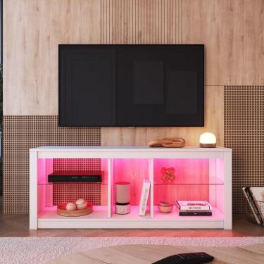 Imagem de Rack para Tv até 55 Polegadas Estilo Gamer com 2 Prateleiras em Vidro e Iluminação em Led Rgb Branco