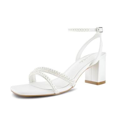 Imagem de Shoe'N Tale Sandálias de salto com tiras para mulheres, bico quadrado, salto grosso, fivela no tornozelo, Pérola branca, 37