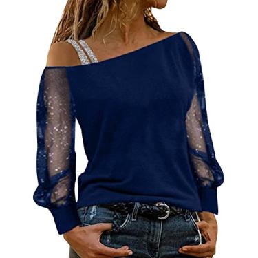 Imagem de Aniywn Camiseta feminina de manga comprida com ombro de fora e lantejoulas de malha com glitter, blusa de festa, clube, blusa Y2K, A5, azul, XXG