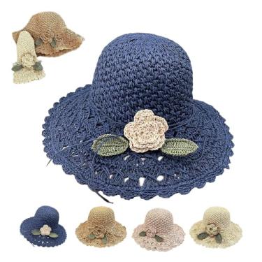 Imagem de Chapéus de palha para mulheres, chapéu de palha de crochê elegante com detalhe de babado, chapéus de crochê de proteção solar dobráveis ​​de praia de verão/1398