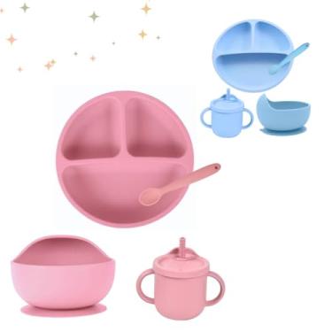 Imagem de Kit Prato Infantil De Silicone C/Copo Colher E Tigela Introdução Alimentar Jogo C/ 4 Peças (Rosa)