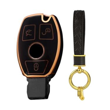 Imagem de HIBEYO Capa de chaveiro de couro com 3 botões compatível com Mercedes Benz CLS CLA CLK GL R SLK AMG A B C S E G M Class Accessories Smart Remote Auto Key Shell Cover - Preto