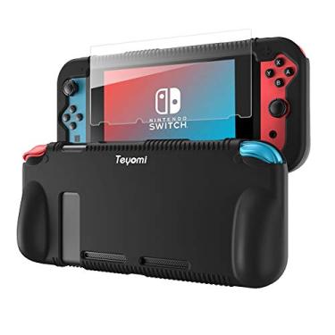 Imagem de Teyomi Capa protetora de silicone para Nintendo Switch, capa de aderência com protetor de tela de vidro temperado, 2 compartimentos de armazenamento para cartões de jogo, absorção de choque e antiarranhões (preto)