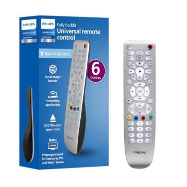 Imagem de Controle remoto universal retroiluminado da Philips, funciona para Samsung, Vizio, TCL, HiSense, Sony, RCA, Panasonic, Roku, Apple TV, Smart TVs, reprodutores de streaming, Blu-Ray, DVD, 6