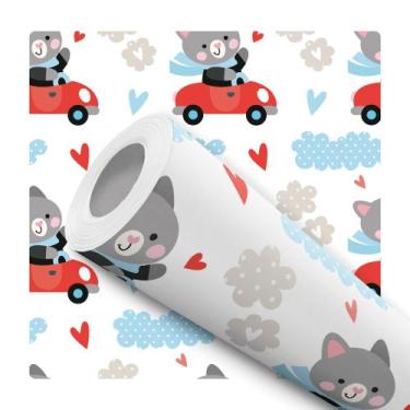 Imagem de Papel De Parede Vinílico Gato Carrinho Vermelho Quarto Infantil 2m - D