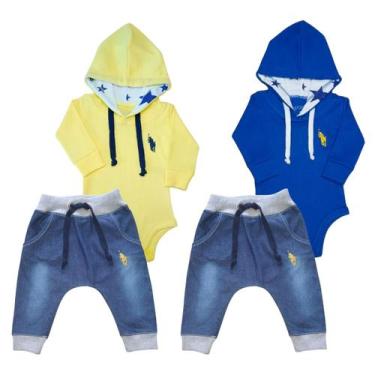 Imagem de Kit 4 Peças Conjunto Roupa Bebê Body com Capuz e Calça Jeans - Patrulh