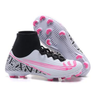 Imagem de Chuteira Campo Botinha Branca Pink com Solado Costurado Trava Tachão C