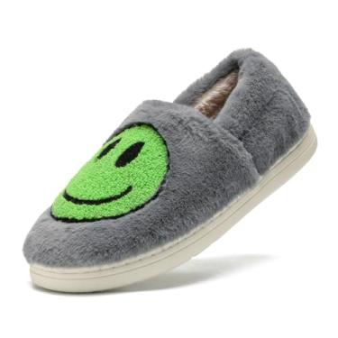 Imagem de sharllen Pantufas retrô sorridentes para mulheres e homens, fofas, aconchegantes, macias, de pelúcia, sem cadarço, para rosto feliz, quentes, fofas, felpudas, de inverno, meias, Cinza e verde, 4-5