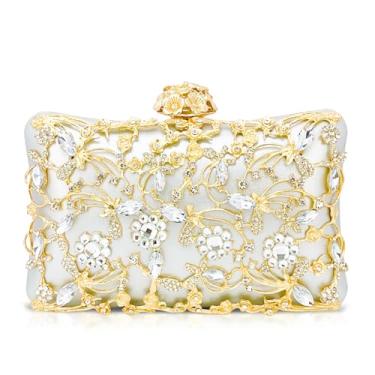Imagem de QTKJ Bolsa de noite para mulheres, bolsas clutch de strass, bolsa transversal para casamento, formatura, festas, viagens (branca), Dourado, One Size