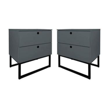 Imagem de Kit 2 Mesas de Cabeceira Slim 2 Gavetas Cinza Base Metálica Preta - Be