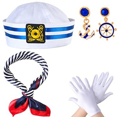 Imagem de Yewong Acessório de fantasia de marinheiro feminino chapéu de marinheiro com acessórios temáticos de iate náutico para festa de fantasia de marinheiro marinho, Conjunto C, one size fits most