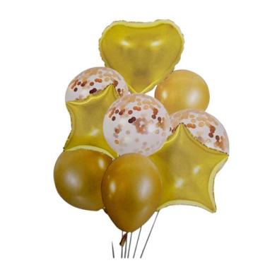 Imagem de kit balão buque 9 peças metalizado e latex festa cor ouro - sm decora