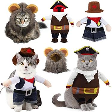 Imagem de Xuniea Fantasia de Halloween de 3 peças, inclui uniforme de caubói com chapéu, fantasia de pirata com chapéu, chapéu de crina de leão, roupa divertida para animais de estimação para cães pequenos, gatos, filhotes, festas de Natal (M)