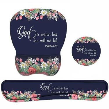Imagem de Mouse pad ergonômico Suporte de pulso e apoio de pulso para teclado conjunto com porta-copos antiderrapante, base PU antiderrapante, fácil digitação e alívio da dor, perfeito para trabalho em casa, escritório estudando, citação floral, versículo da Bíblia Salmo 46:5