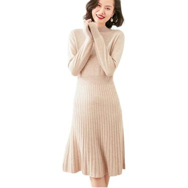 Imagem de Vestido feminino 100% caxemira vestidos de inverno moda o nec vestido feminino, bege, l