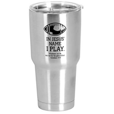 Imagem de Dicksons SSTUM-142 Football In Jesus Name I Play - 1 Corinthians 10:31-8 polegadas - 850.5 g Prata e Preto Aço Inoxidável e Plástico Isolado Caneca de Viagem com Tampa