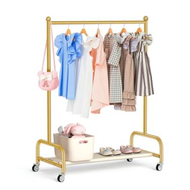 Imagem de SLEEPING LAMB Rack de vestir infantil com rodas, pequeno cabideiro de metal para pendurar roupas com prateleira inferior, guarda-roupa de armazenamento de vestido de bebê para meninas, crianças,