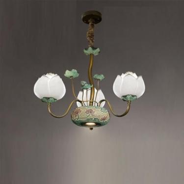 Imagem de OUFULA Luminária pendente de lótus contemporânea chinesa retrô criatividade sala de estar restaurante quarto villa hotel balcão decoração led lustre (D White 3 lights)