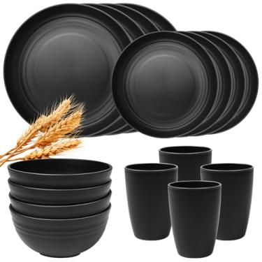 Imagem de Conjunto de utensílios de jantar de palha de trigo para cozinha, 16 peças, pratos e tigelas inquebráveis para uso interno e externo para cozinha de plástico, pratos e tigelas Reuasble, serviço para 4
