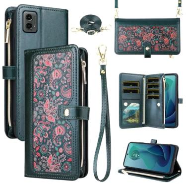 Imagem de Dswteny Capa carteira floral para Motorola Moto G 5G 2024 com alça de ombro, zíper de couro fólio flip suporte para cartão de crédito acessórios capa de celular para G5G 5 G G5 mulheres homens verde