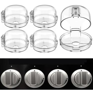 Imagem de Capas de segurança para maçanetas de fogão, travas de pressão atualizadas para fogão a gás, destrave com dois dedos, capas de botão de forno para segurança infantil, transparente, pacote com 5