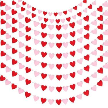 Imagem de Decoração de guirlanda de coração para o dia dos namorados, 10 conjuntos de faixas com corações de feltro vermelho rosa (160)