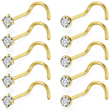 Imagem de Qiwnswoy 10 peças de piercing de nariz de aço cirúrgico/titânio brincos de nariz em forma de L CZ sem piercing corporal joias para mulheres 22g/20g/18g, Metal Cristal, Zircônia cúbica